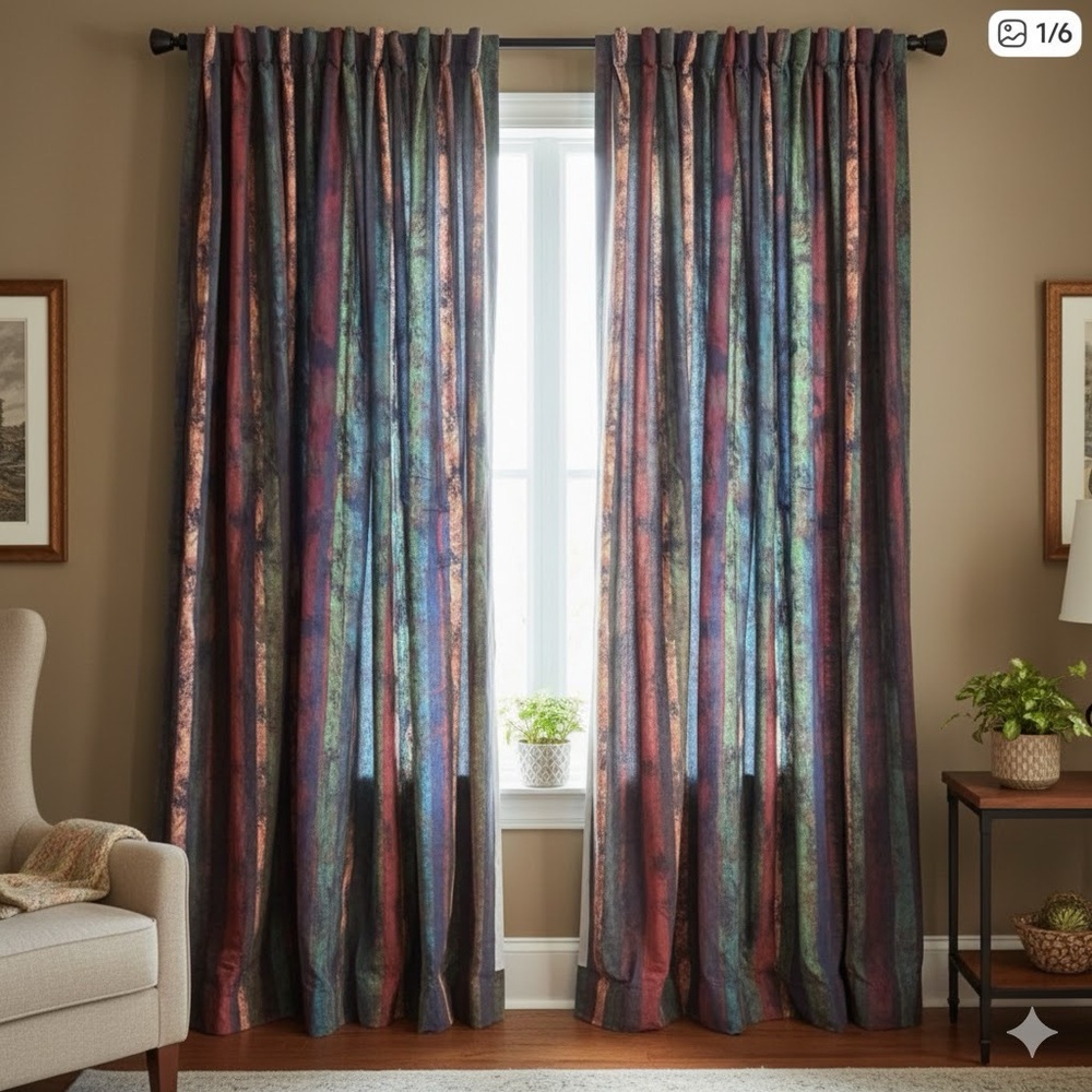 Colourful Drapes in Jewel-toned Striped Fabric - 2 panels